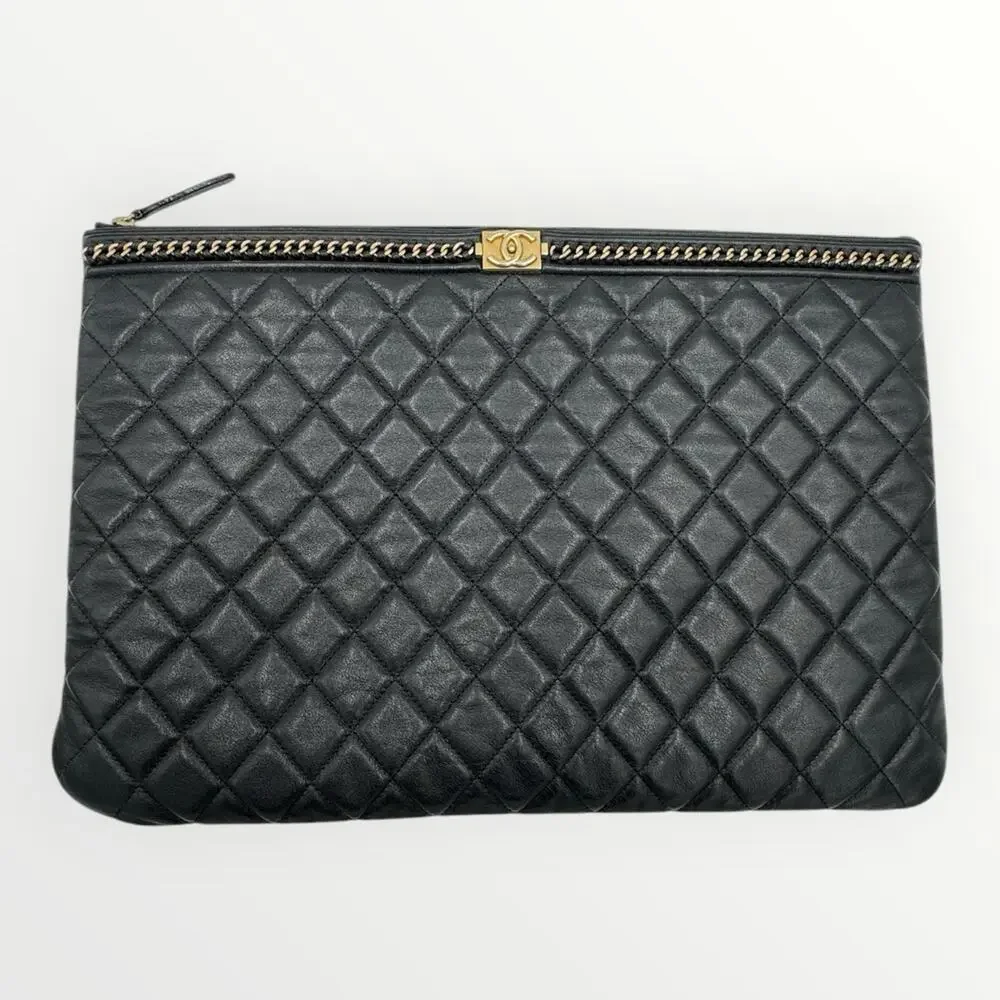 Large O Case Black Quilted Lambskin Zip Pouch Gold CC Clutch Bag
